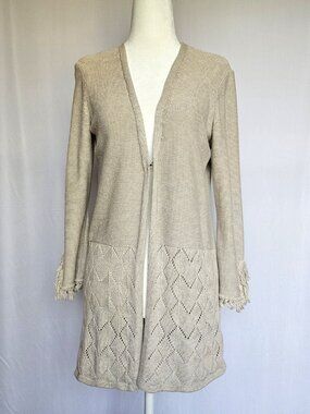 Style & Co | Fringe Hem Cardigan | Boho Knit Open Front | Beige | Size S